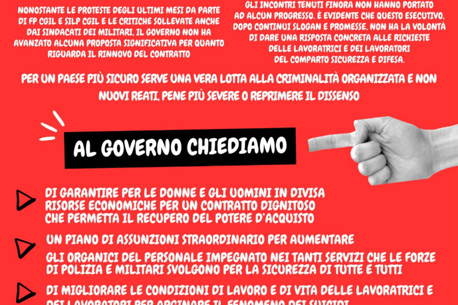 Sicurezza: Cgil, Silp e Fp in presidio davanti alla Prefettura di Ferrara mercoledì 31 luglio