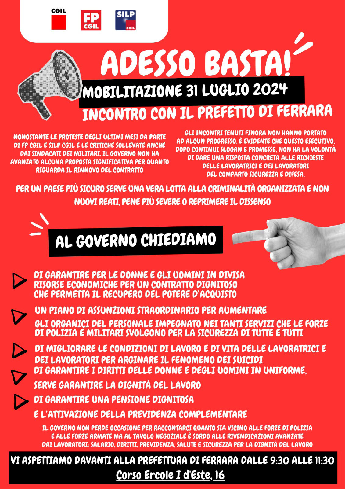 Sicurezza: Cgil, Silp e Fp in presidio davanti alla Prefettura di Ferrara mercoledì 31 luglio