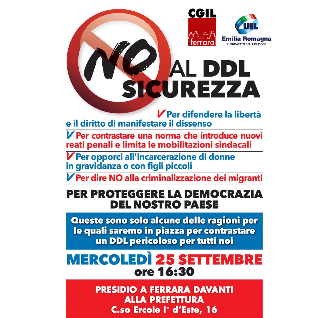 Contro il DDL Sicurezza presidio a Ferrara mercoledì 25 settembre