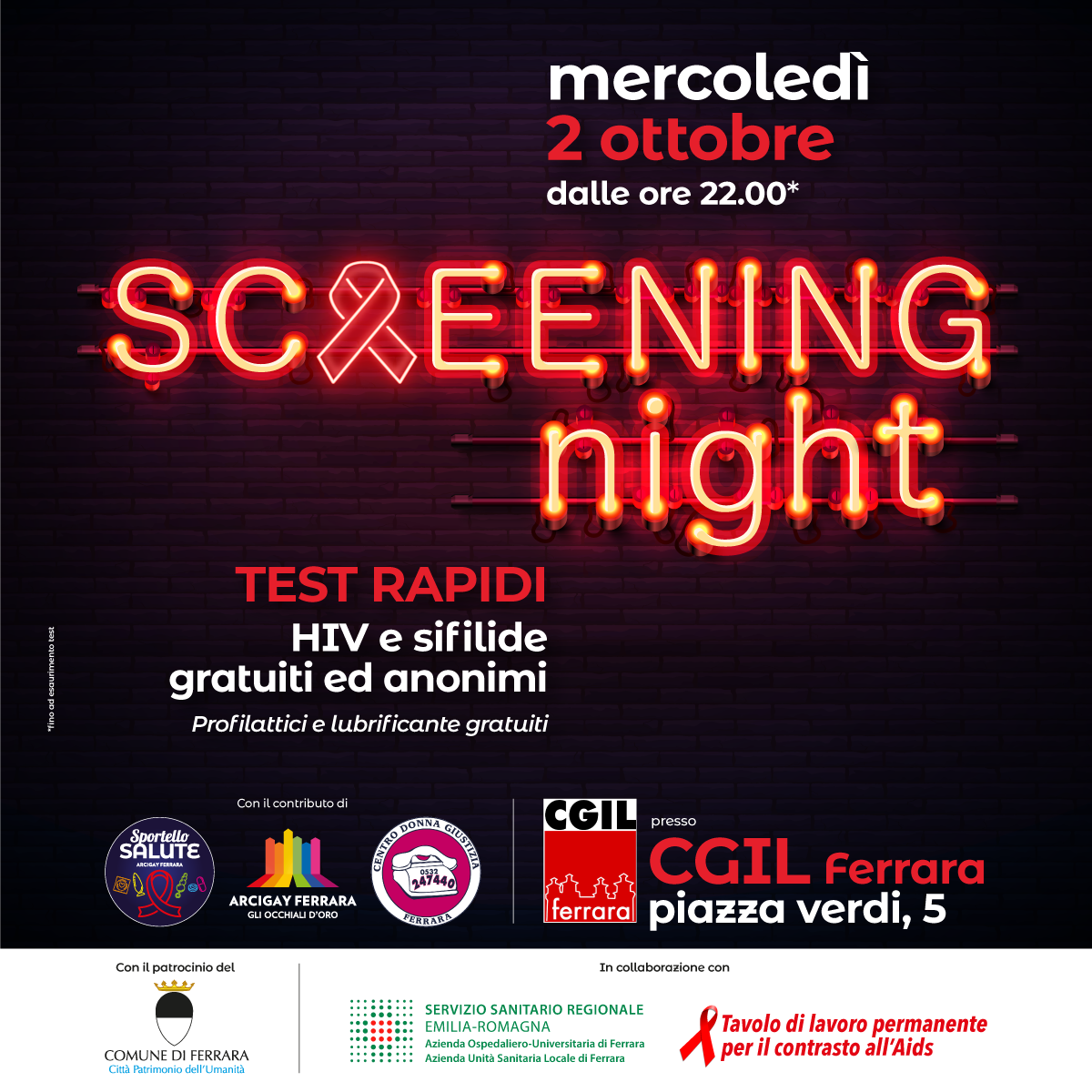 Screening night: test rapidi HIV e sifilide mercoledì 2 ottobre in Cgil Ferrara