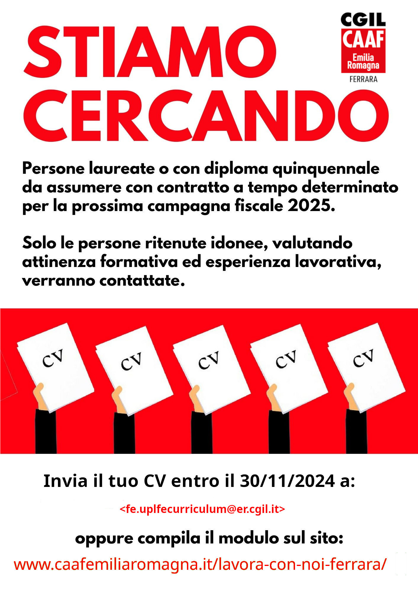 RICERCA DI PERSONALE DAL CAAF CGIL FERRARA PER CAMPAGNA FISCALE 2025