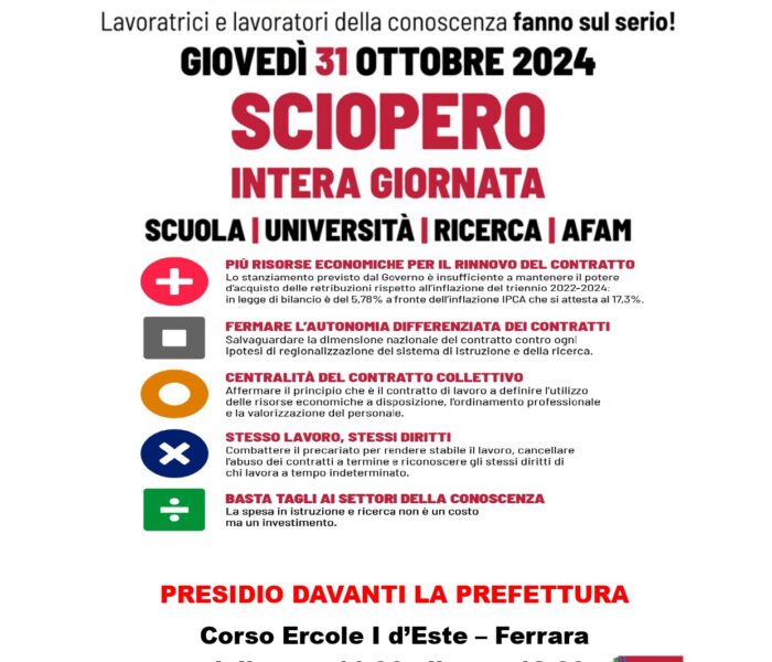 Per un contratto giusto e un lavoro stabile: 31 ottobre sciopero FLC CGIL con presidio a Ferrara